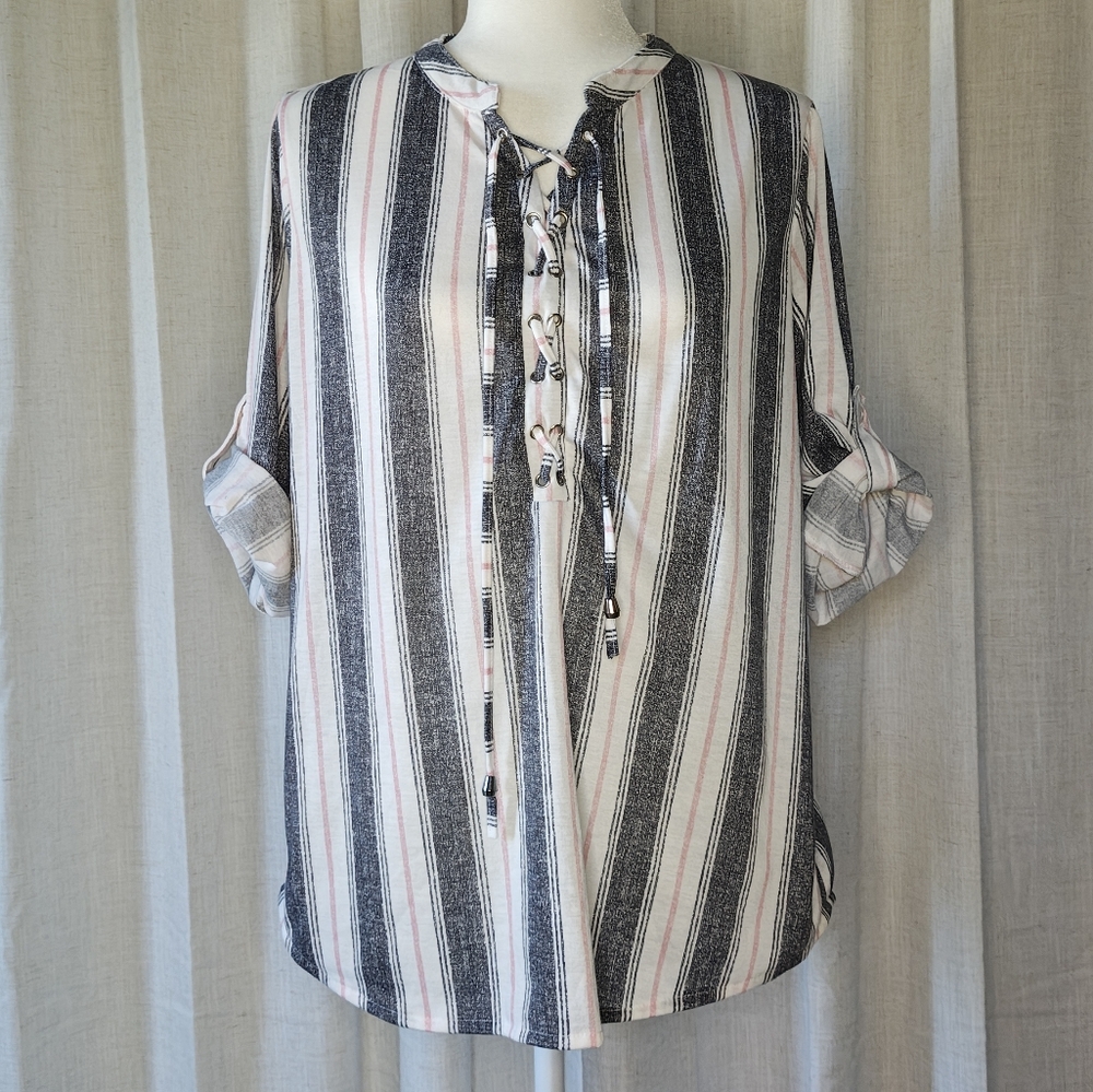 Eden & Olivia Gray, Pink and White Striped Lace-Up Blouse